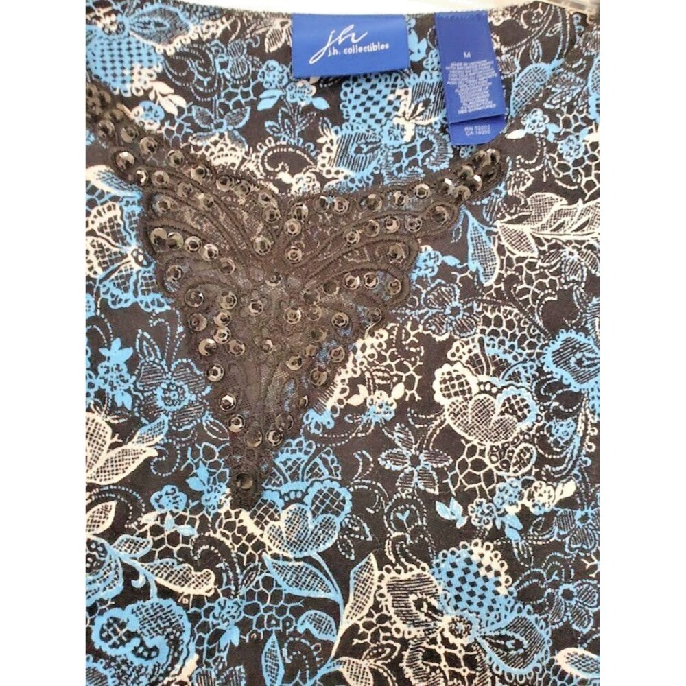 JH Collection Women's Blue Print Long Sleeve Blue Print Blouse Med New w Tags - Picture 2 of 4